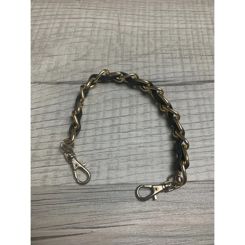 Gold Tone Interwoven Black Leather Chain Bracelet Lobster Clasp 7.5 Inch